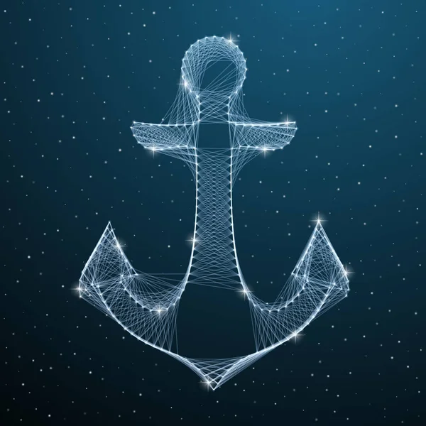 Nautical Anchor low poly digital silhouette with lines and dots on blue dark star sky. Polygonal 3d marine anchor connection. Vector illustration — 스톡 벡터