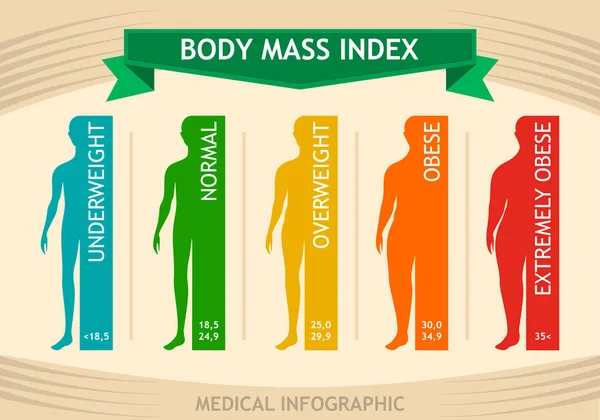 Cuadro de información del índice de masa corporal del hombre. Infografía médica de silueta masculina de bajo peso a extremadamente obesa. Ilustración vectorial — Vector de stock