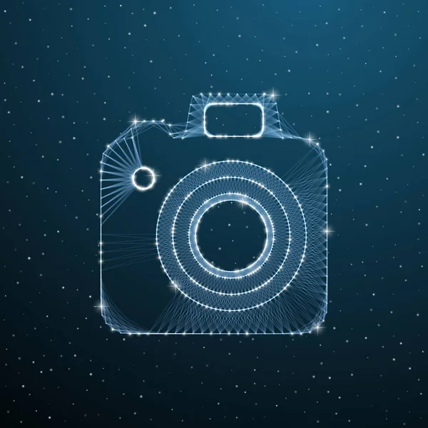 Fényképezés camera polygonal image on dark blue background. Alacsony poli digitális fényképészeti berendezések. Vektor drótvázas illusztráció vonallal és ponttal — Stock Vector