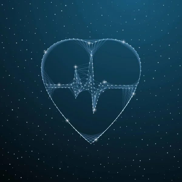 Hartslag medisch veelhoekig symbool. Lage poly hart puls mesh vorm met lijnen, stippen en driehoeken op donkerblauwe ruimte. Vector cardiogram illustratie — Stockvector