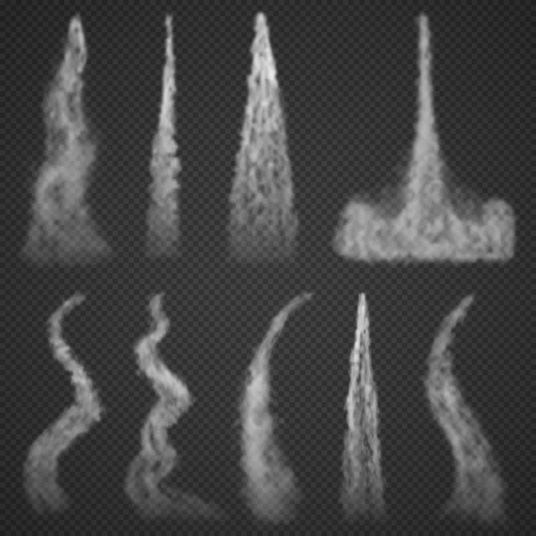 Piste di condensazione aereo fumo isolato su sfondo trasparente. Nuvole di fumo dell'aviazione nebbiosa bianca impostata. Traccia di partenza del razzo fumosa. Illustrazione vettoriale — Vettoriale Stock