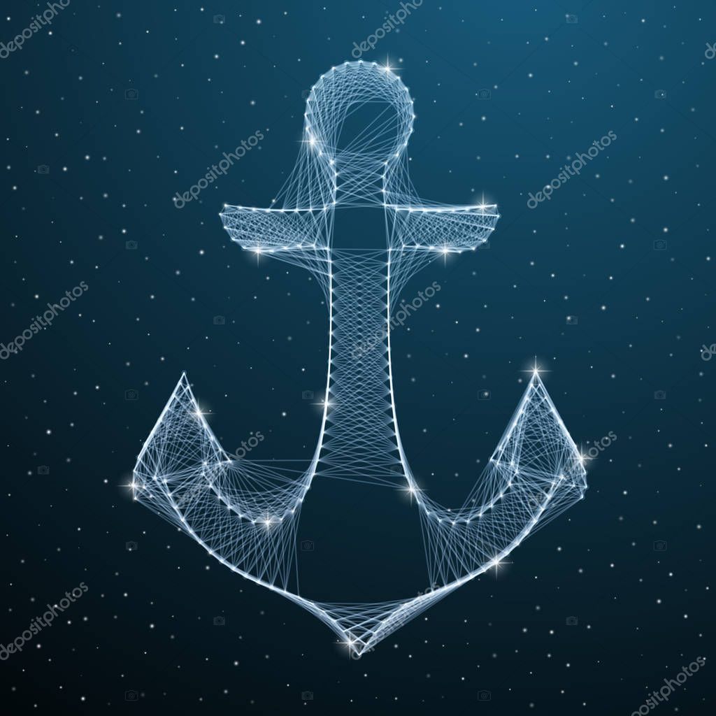 Nautical Anchor low poly digital silhouette with lines and dots on blue dark star sky. Polygonal 3d marine anchor connection. Vector graphic illustration