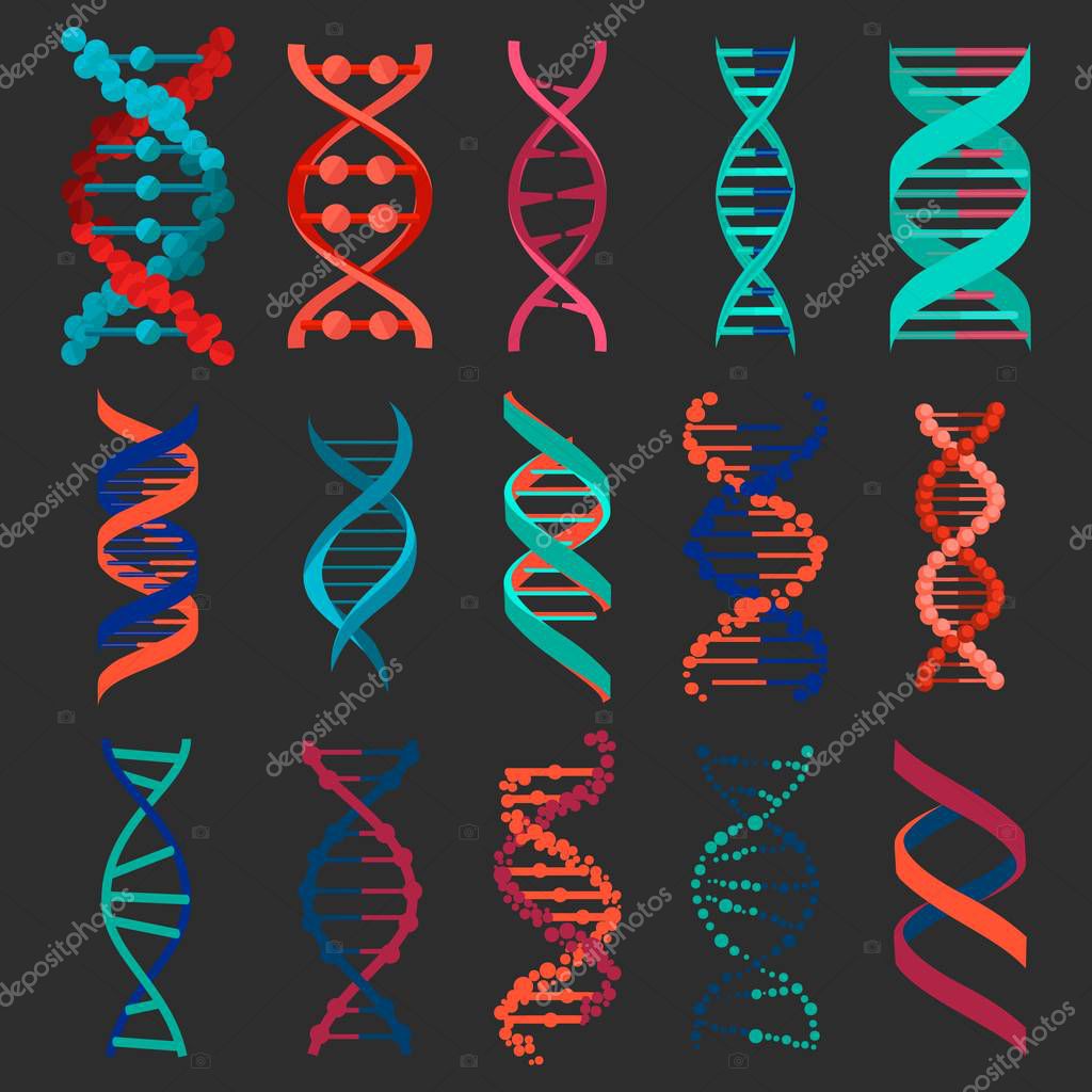 DNA molecule sign set isolated on black background. Genetic elements and icons collection strand. Research helix element. Medical genetic chromosome. Vector illustration