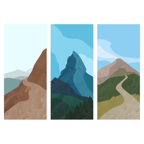Cover-Vorlage vertikales Banner mit Berg im flachen Stil. Satz von drei Flyern über die Silhouette der Landschaft. Vektor — Stockvektor