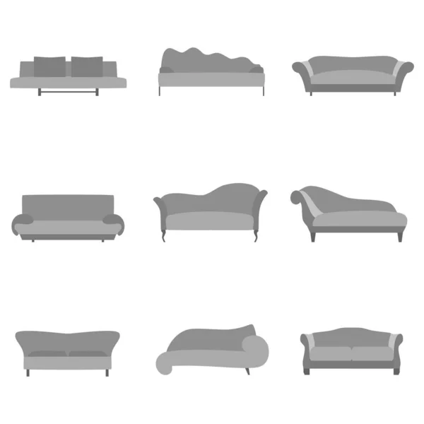 Sofa Cartoon Kollektion im flachen Stil. graue Couch in Frontansicht für die Innenarchitektur isoliert auf weißem Hintergrund. Vektor — Stockvektor