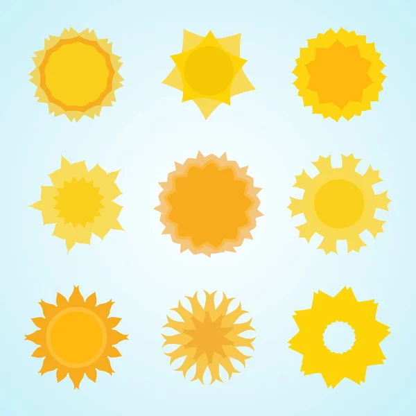 Colección de iconos de sol amarillo en estilo plano. Símbolo solar abstracto aislado en el fondo. Vector — Vector de stock