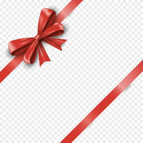 Realistic red silk gift bow with diagonally shiny stripes ribbon on the corner isolated on transparent background. Valentine or christmas celebration bow. Satin decoration gift promotion or — 스톡 벡터