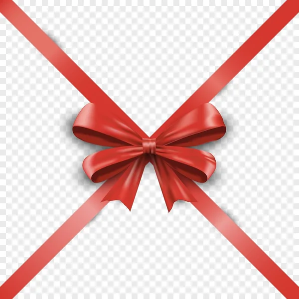 Ρεαλιστική κόκκινο σταυρό τόξο δώρο μετάξι με κορδέλα απομονώνονται σε διαφανές φόντο. Βαλεντίνο ή χριστουγεννιάτικο φιόγκο. Κορδέλες δώρου σατέν διακόσμησης. Εικονογράφηση διανύσματος — Διανυσματικό Αρχείο