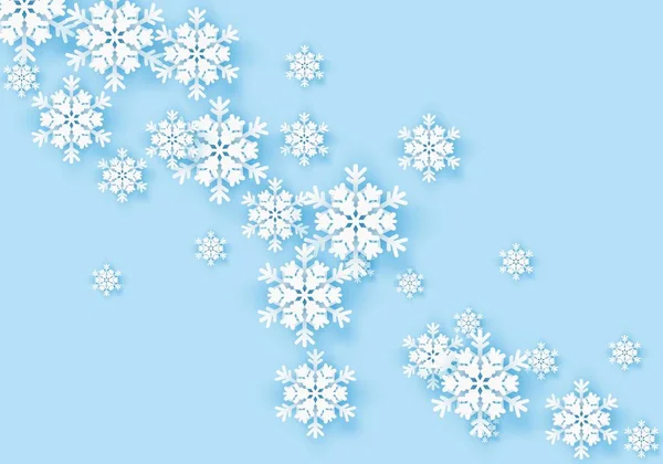 Winter origami snowflake greeting banner with blue background. White snow invitation design card. Wintertime paper poster template for christmas holiday. Snow flakes frame pattern for text. Vector — Stock Vector