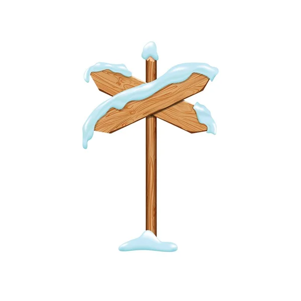 Cartone animato segni di legno con neve ghiacciata. cornice cartellone vacanza invernale isolato su sfondo bianco. Elemento banner cartello direzionale natalizio. Puntale in legno vettoriale — Vettoriale Stock