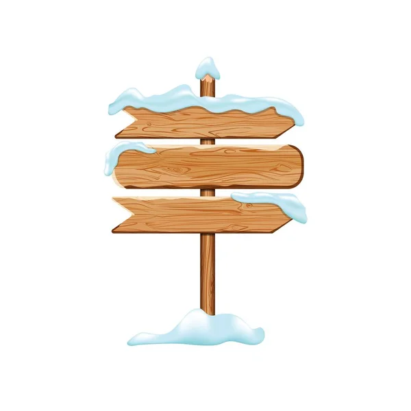 Cartoon wooden signs with iced snow. Winter holiday billboard frame isolated on white background. Christmas directional signboard plank banner element. Vector wooden pointing guidepost — 스톡 벡터