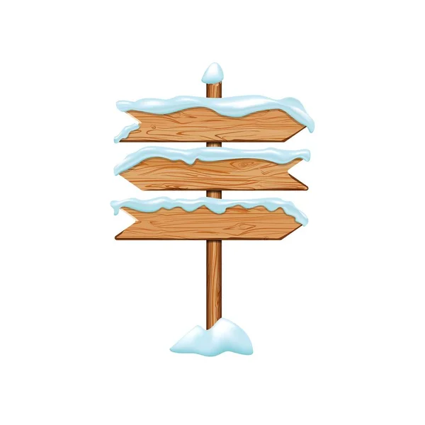 Cartone animato segni di legno con neve ghiacciata. cornice cartellone vacanza invernale isolato su sfondo bianco. Elemento banner cartello direzionale natalizio. Puntale in legno vettoriale — Vettoriale Stock