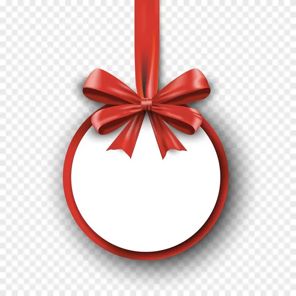 Реалистичный красный шелк подарок лук с лентой на круглом белом фоне изолированы на прозрачном фоне. Валентинов или рождественский баннер. Ленточный бант из атласного украшения. Вектор — стоковый вектор