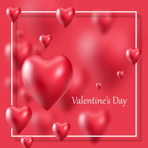 Valentines Day realistic 3d hearts poster on red background. Love banner with lettering. Greeting card for valentines day. Vector illustration — 스톡 벡터