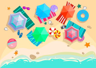 Summer beach with sand, sea waves, umbrellas, sun beds. Top view seaside resort. Vector illustration