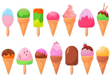 Ice cream food isolated on white. Cartoon doodle waffle cone ice cream set. Vector illustration
