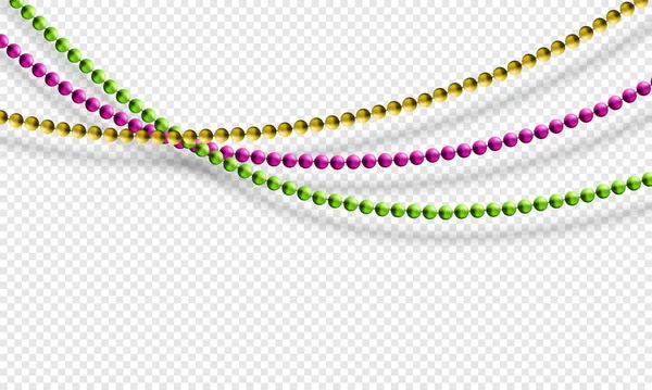 Mardi Gras beads isolated on transparent background in traditional colors purple, gold and green. Fat Tuesday decoration element. Vector illustration — 图库矢量图片