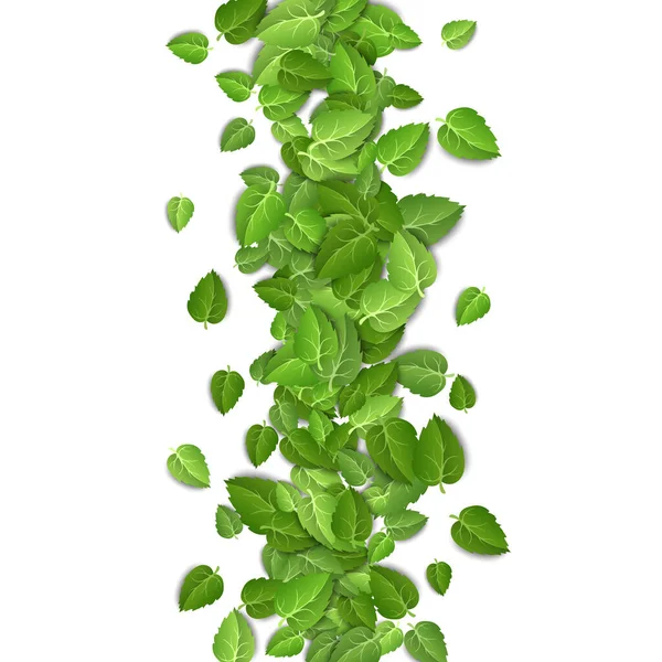 Vliegende groene bladeren op witte achtergrond. Voorjaarspatroon op geïsoleerde achtergrond. Vallen verse bladeren plant. Vector illustratie close-up — Stockvector