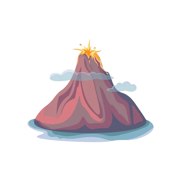 Kreskówkowy gorący wulkan z magmą i lawą. Ikona wulkanicznych gór skalnych odizolowana na białym. Ilustracja wektora — Wektor stockowy