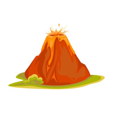 Cartoon hot volcano with magma and lava. Vulcano rock mountains icon isolated on white. Vector illustration