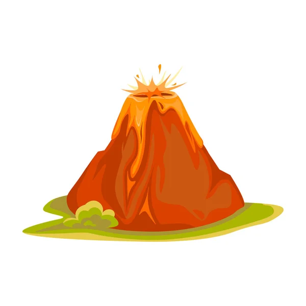 Cartoon vulcano caldo con magma e lava. Vulcano icona delle montagne rocciose isolato sul bianco. Illustrazione vettoriale — Vettoriale Stock