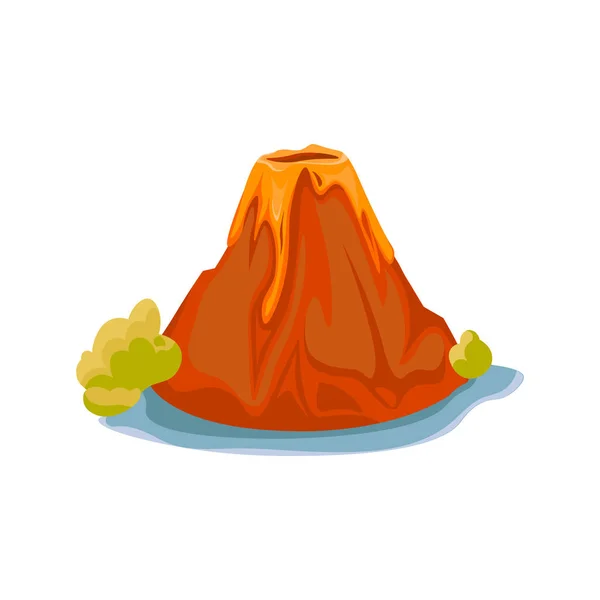 Dessin animé volcan chaud avec magma et lave. Vulcano icône des montagnes rocheuses isolé sur blanc. Illustration vectorielle — Image vectorielle