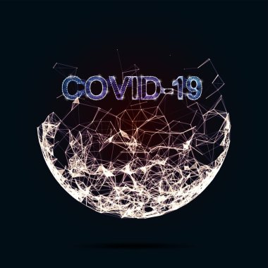 Corona virüsü 3d çokgen metin COVID-19. Mavi arka planda virüs enfeksiyonu salgını afişi var. Vektör sağlık Coronavirüs İllüstrasyonu