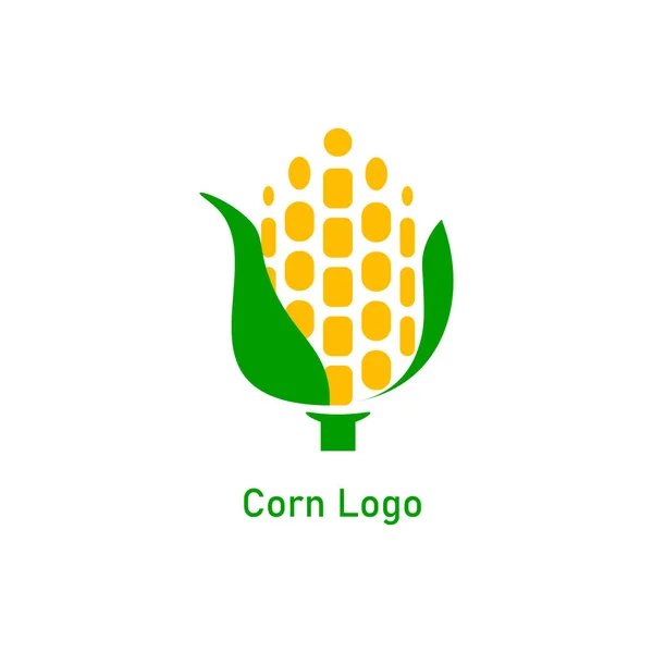 Design del logo Corncob. Semi di mais giallo e foglia verde isolato su sfondo bianco. Illustrazione del grano organico vettoriale — Vettoriale Stock