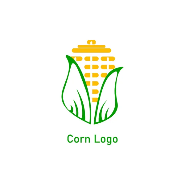 Design des Corncob Logos. Gelber Maiskern und grünes Blatt isoliert auf weißem Hintergrund. Vektorgrafik organischer Körner — Stockvektor