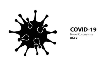 COVID-19 yazılı Corona virüsü siyah ikon şablonu. Beyaz arka planda virüs enfeksiyonu salgını afişi var. Vektör sağlık Coronavirüs İllüstrasyonu