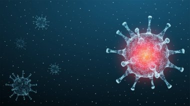 Corona virüsü 3D çokgen metin. Mavi arka planda virüs enfeksiyonu salgını afişi var. Vektör sağlık Coronavirüs İllüstrasyonu