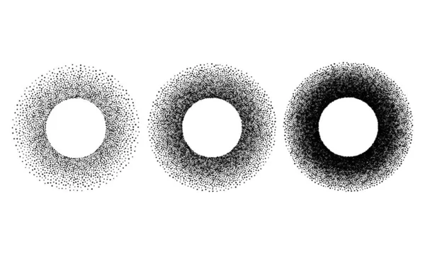 Ajuste los marcos redondos de espinas rodantes. plantilla de puntitos de tinta degradada. Círculo de grafito negro con piedras de medio punto aislado sobre blanco. Ilustración de vectores — Vector de stock