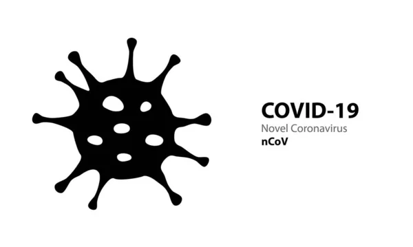 Czarna sylwetka wirusa korony z tekstem COVID-19. Epidemia zakażeń wirusem na białym tle. Wektorowa opieka zdrowotna koronawirus ilustracja — Wektor stockowy