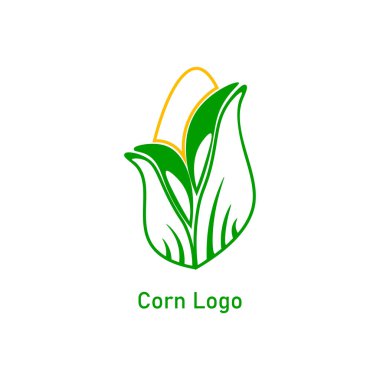 Mısır koçanı logosu tasarımı. Sarı mısır tohumu ve yeşil yaprak beyaz arka planda izole. Vektör organik tahıl çizimi