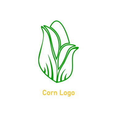 Mısır koçanı logosu tasarımı. Sarı mısır tohumu ve yeşil yaprak beyaz arka planda izole. Vektör organik tahıl çizimi