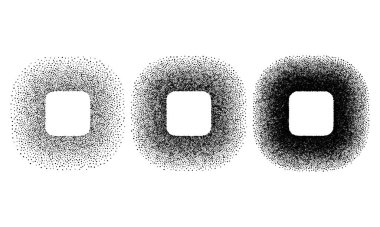 Grunge yuvarlak çerçeve kalıplarını spreyliyor. Gradyan mürekkep sıçrama şablonu. Grafiti siyah yarım ton şablonları beyaza izole edilmiş. Vektör illüstrasyonu