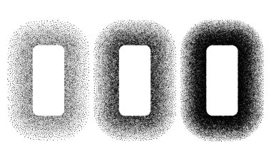 Grunge yuvarlak çerçeve kalıplarını spreyliyor. Gradyan mürekkep sıçrama şablonu. Grafiti siyah yarım ton şablonları beyaza izole edilmiş. Vektör illüstrasyonu