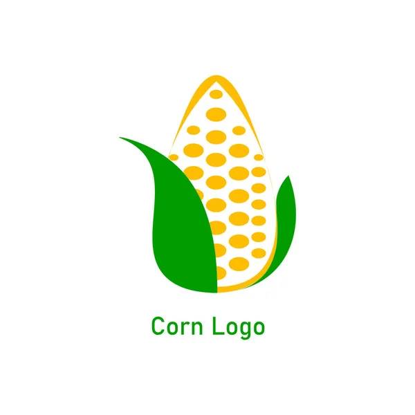 Design del logo Corncob. Semi di mais giallo e foglia verde isolato su sfondo bianco. Illustrazione del grano organico vettoriale — Vettoriale Stock