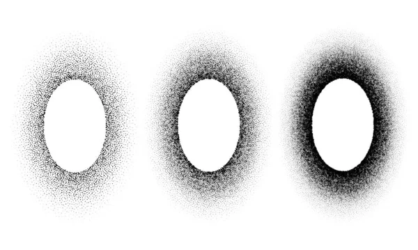 グランジスプレーステンシル楕円形のフレーム。グラデーションインクのスプラッタドットテンプレート。サークル落書き黒のハーフトーンのステンシルの境界白に隔離された。ベクターイラスト — ストックベクタ