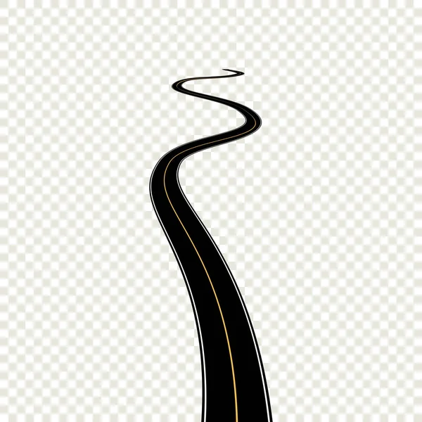 Curved perspective road with yellow markings. Highway isolated on transparent background. Vector pathway road illustration — Stock Vector