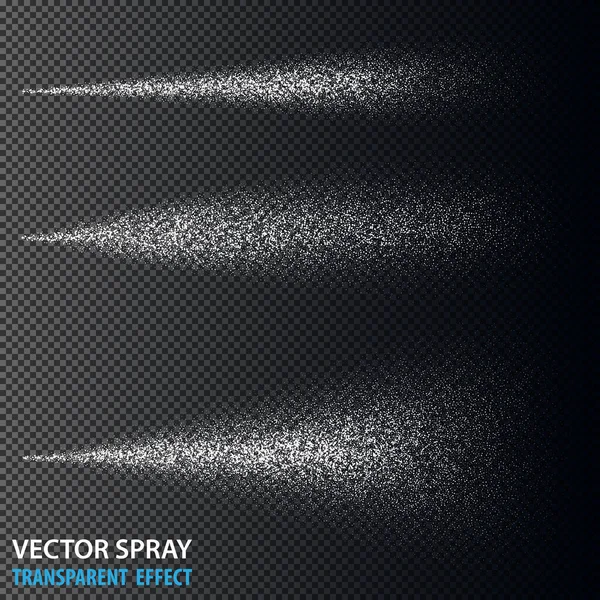 Transparent water spray cosmetic set with dust and dots. White 3d fog spray effect isolated on background. Vector spray smoke effect — Stock Vector