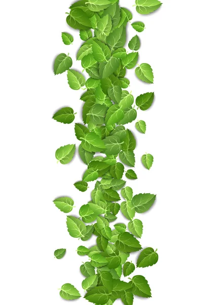 Vliegende groene bladeren op witte achtergrond. Lente blad verticaal patroon op geïsoleerde achtergrond. Vallen verse bladeren plant. Vectorillustratie — Stockvector