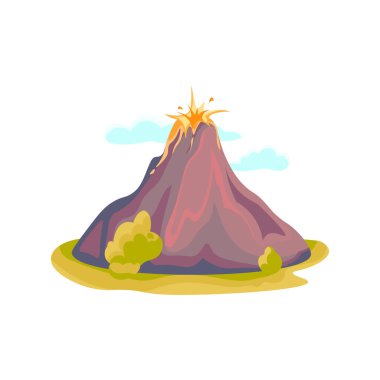 Cartoon hot volcano with magma and lava. Vulcano rock mountains icon isolated on white. Vector illustration