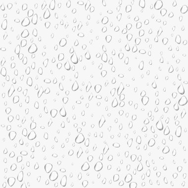 Farklı gerçekçi şeffaf su damlaları. İzole edilmiş arka planda cam baloncuk damlası yoğunlaşma yüzeyi. Vektör temiz damla sıçraması