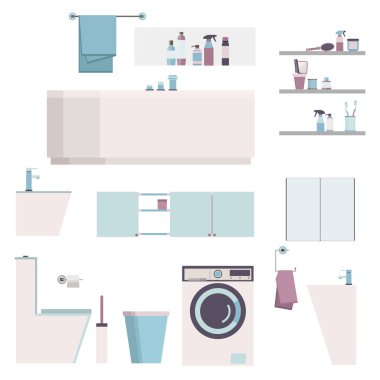 Banyo modern mobilya seti. İnşaat malzemeleri ikonu çamaşır makinesi, tuvalet, ayna, kase, lavabo. Vektör illüstrasyonu