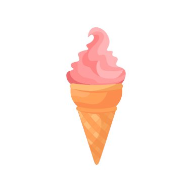 Beyaza izole edilmiş pembe dondurma. Çizgi film karalamalı waffle külahlı dondurma. Vektör illüstrasyon keki