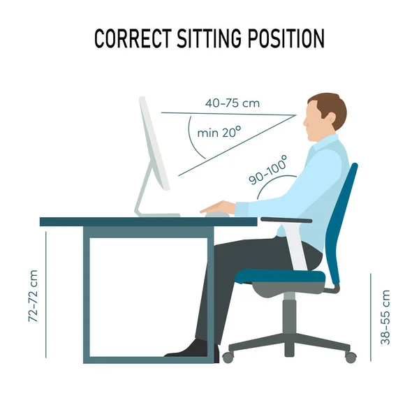 Korrekt rygg sittande position infographic. Man sitter på stol vektor illustration — Stock vektor