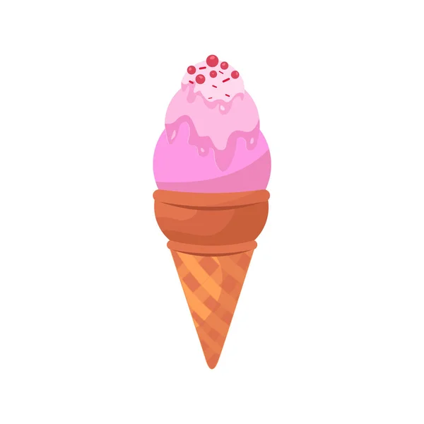 Nourriture rose crème glacée isolée sur blanc. Cartoon doodle gaufre cône crème glacée. Gâteau vectoriel illustration — Image vectorielle