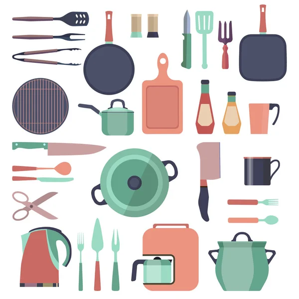 Набір інструментів для кухні та ресторану. Колекція посуду ізольована на білому. Векторні ілюстрації — стоковий вектор