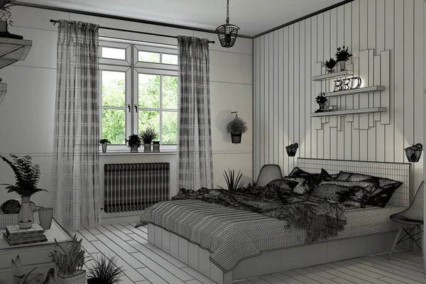 3D interior rendering biała sypialnia — Zdjęcie stockowe
